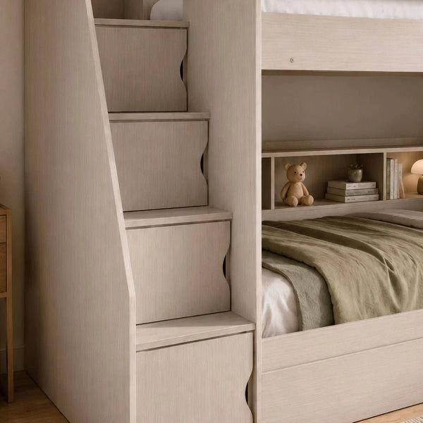 Camelot White Wooden Storage Bunk Bed with Staircase, Built-In Drawers & Shelving - Sleek Furniture