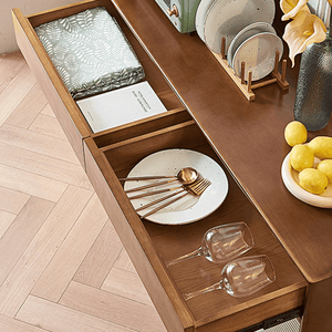 Cameron Rattan Sideboard Cabinet with Glass Sliding Door – Solid Wood Storage Unit in Walnut Finish, Modern Living Room & Dining Storage - Sleek Furniture