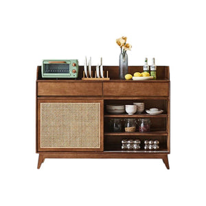 Cameron Rattan Sideboard Cabinet with Glass Sliding Door – Solid Wood Storage Unit in Walnut Finish, Modern Living Room & Dining Storage - Sleek Furniture