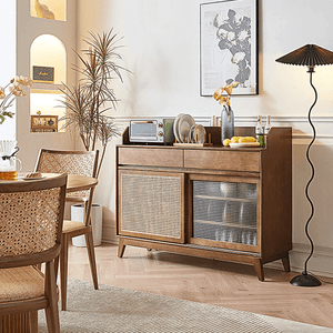 Cameron Rattan Sideboard Cabinet with Glass Sliding Door – Solid Wood Storage Unit in Walnut Finish, Modern Living Room & Dining Storage - Sleek Furniture