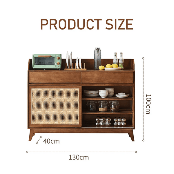 Cameron Rattan Sideboard Cabinet with Glass Sliding Door – Solid Wood Storage Unit in Walnut Finish, Modern Living Room & Dining Storage - Sleek Furniture