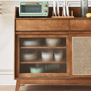 Cameron Rattan Sideboard Cabinet with Glass Sliding Door – Solid Wood Storage Unit in Walnut Finish, Modern Living Room & Dining Storage - Sleek Furniture