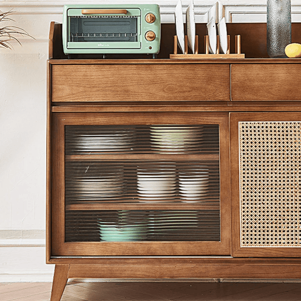 Cameron Rattan Sideboard Cabinet with Glass Sliding Door – Solid Wood Storage Unit in Walnut Finish, Modern Living Room & Dining Storage - Sleek Furniture