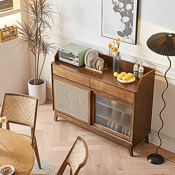 Cameron Rattan Sideboard Cabinet with Glass Sliding Door – Solid Wood Storage Unit in Walnut Finish, Modern Living Room & Dining Storage - Sleek Furniture