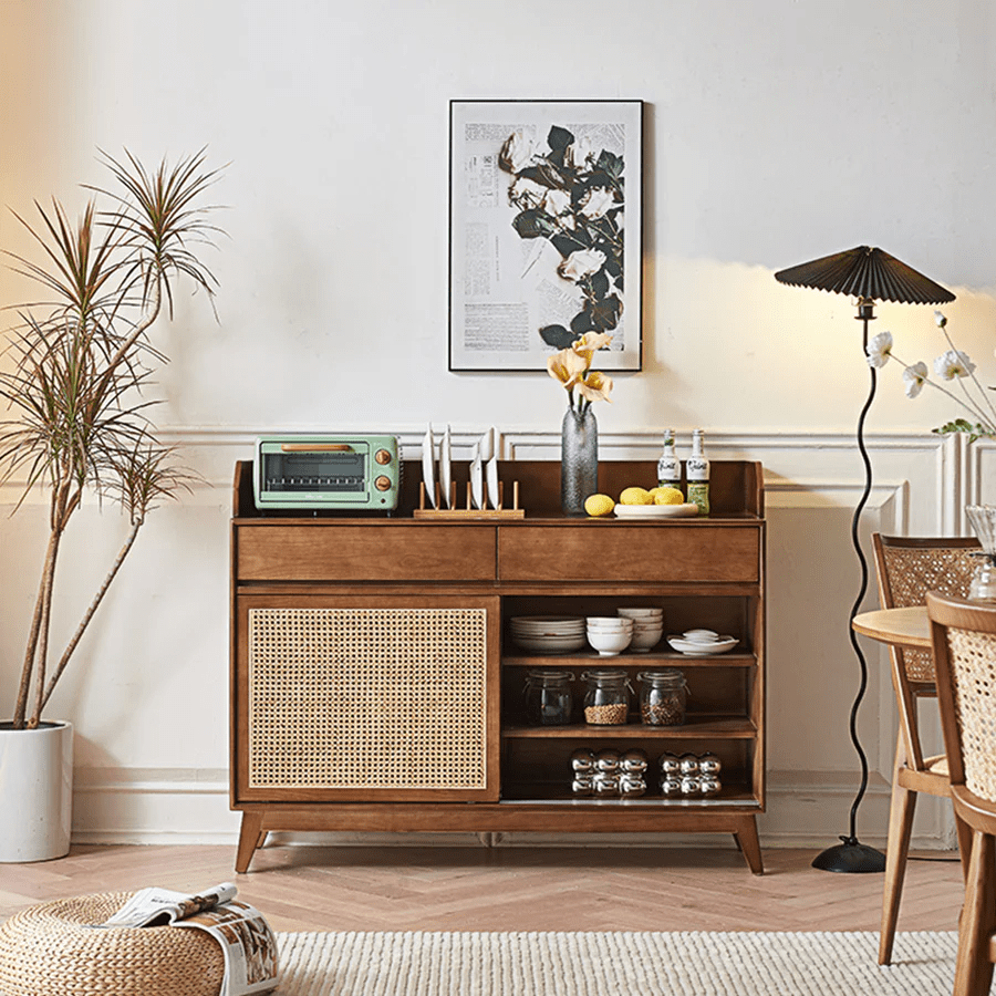 Cameron Rattan Sideboard Cabinet with Glass Sliding Door – Solid Wood Storage Unit in Walnut Finish, Modern Living Room & Dining Storage - Sleek Furniture