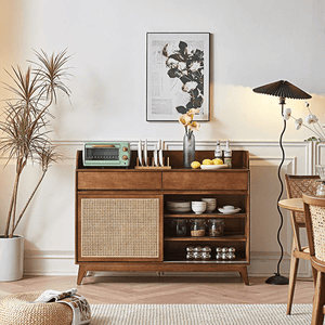 Cameron Rattan Sideboard Cabinet with Glass Sliding Door – Solid Wood Storage Unit in Walnut Finish, Modern Living Room & Dining Storage - Sleek Furniture