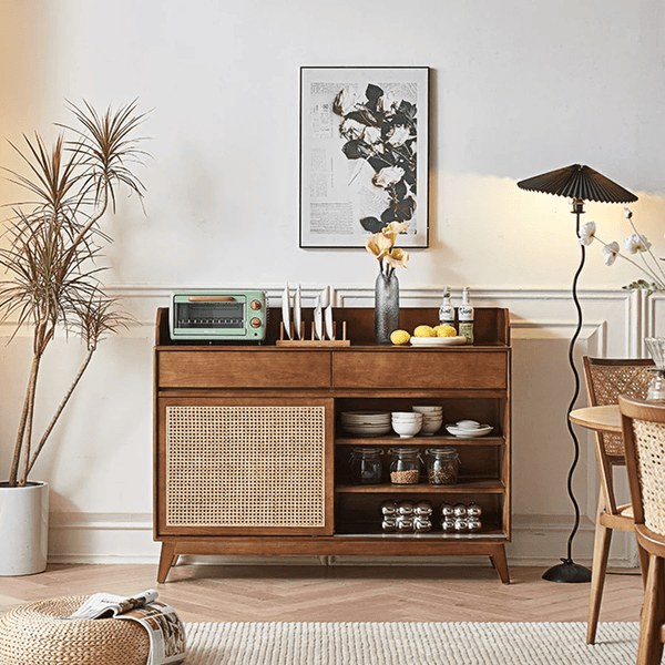 Cameron Rattan Sideboard Cabinet with Glass Sliding Door – Solid Wood Storage Unit in Walnut Finish, Modern Living Room & Dining Storage - Sleek Furniture
