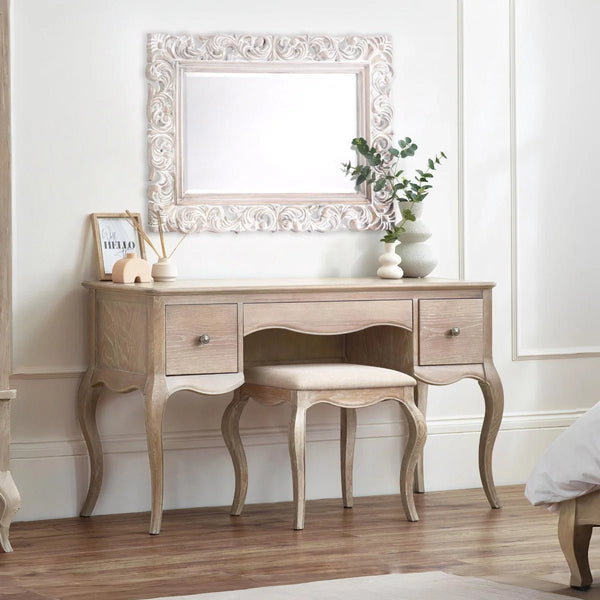 Camille French Style Dressing Table with Matching Stool, 2 Drawers, Ornate Wooden Vanity Desk for Bedroom, Elegant Makeup & Dressing Station - Sleek Furniture