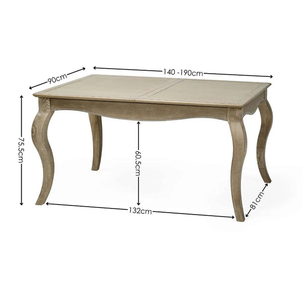 Camille French Style Lime Washed Oak Extending Dining Table – Rectangular 4-6 Seater Dining Table with Elegant Curved Legs - Sleek Furniture