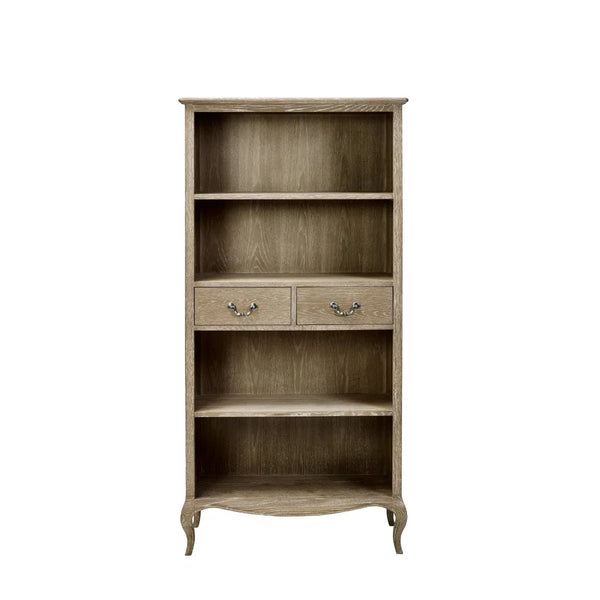 Camille French Style Lime Washed Oak Tall Bookcase with Drawers – 180cm Wooden Display Shelving Unit - Sleek Furniture