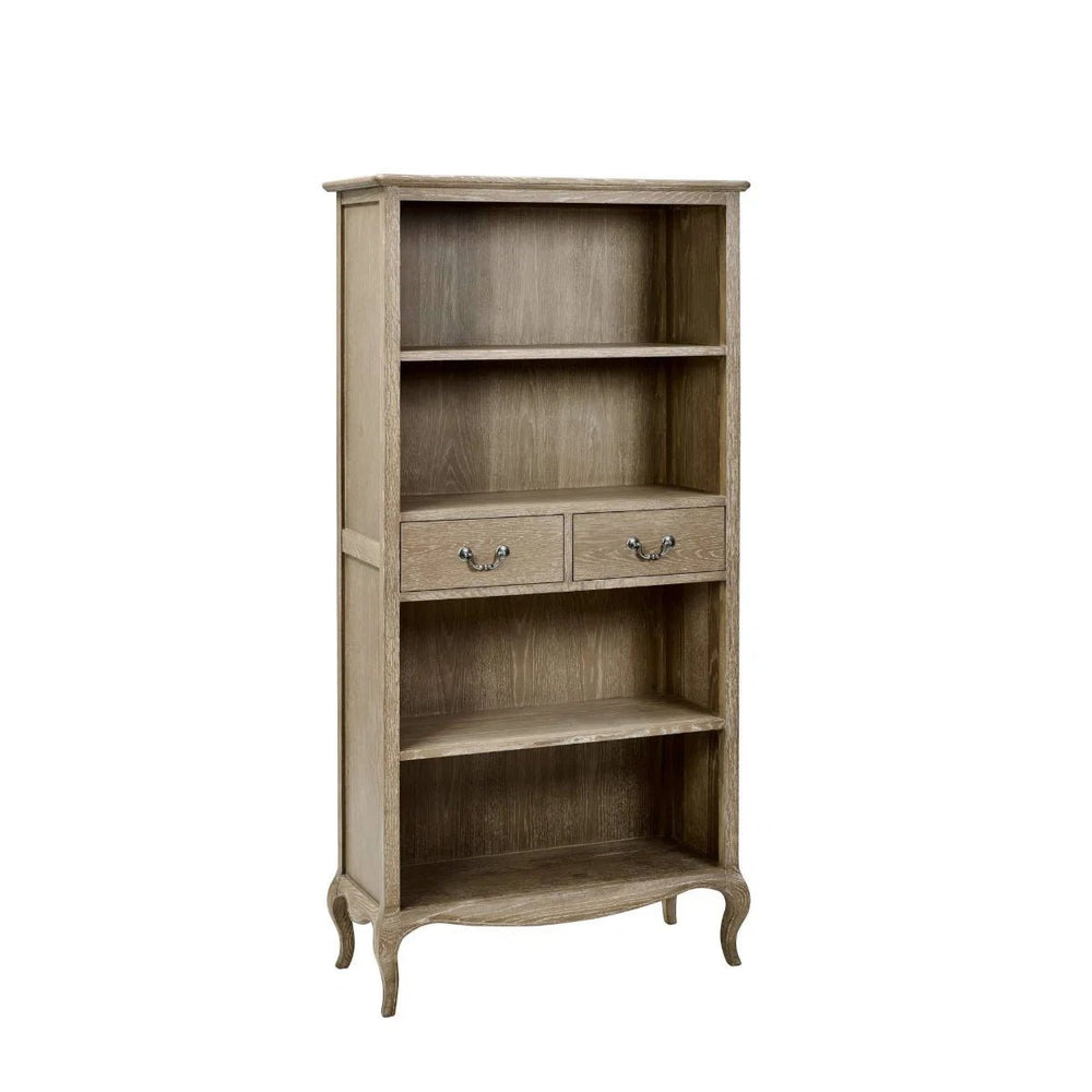 Camille French Style Lime Washed Oak Tall Bookcase with Drawers – 180cm Wooden Display Shelving Unit - Sleek Furniture