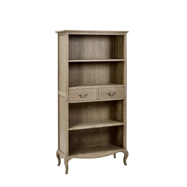 Camille French Style Lime Washed Oak Tall Bookcase with Drawers – 180cm Wooden Display Shelving Unit - Sleek Furniture