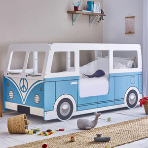 Campervan Low Sleeper Kids Bed Frame - Light Blue Wooden Children's Novelty Bed - Sleek Furniture