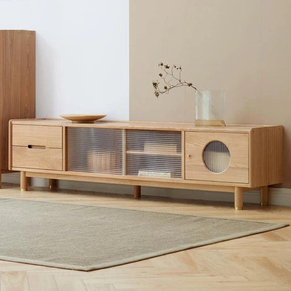 Canaz Extendable TV Stand with Storage – Ash Wood Solid Frame & Glass Finish – Modern Media Unit for Living Room, Coffee Table & Side Cabinet Function - Sleek Furniture