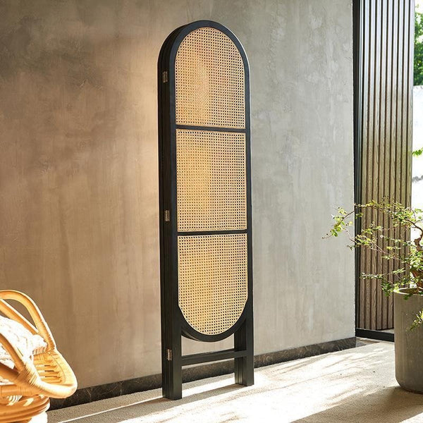 Cane Rattan Room Divider Screen – Foldable Oak Finish Privacy Panel for Living Room & Bedroom – Contemporary Wooden Room Separator - Sleek Furniture