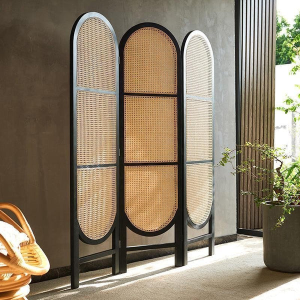 Cane Rattan Room Divider Screen – Foldable Oak Finish Privacy Panel for Living Room & Bedroom – Contemporary Wooden Room Separator - Sleek Furniture