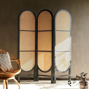 Cane Rattan Room Divider Screen – Foldable Oak Finish Privacy Panel for Living Room & Bedroom – Contemporary Wooden Room Separator - Sleek Furniture