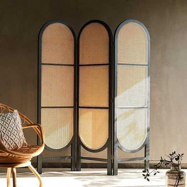 Cane Rattan Room Divider Screen – Foldable Oak Finish Privacy Panel for Living Room & Bedroom – Contemporary Wooden Room Separator - Sleek Furniture