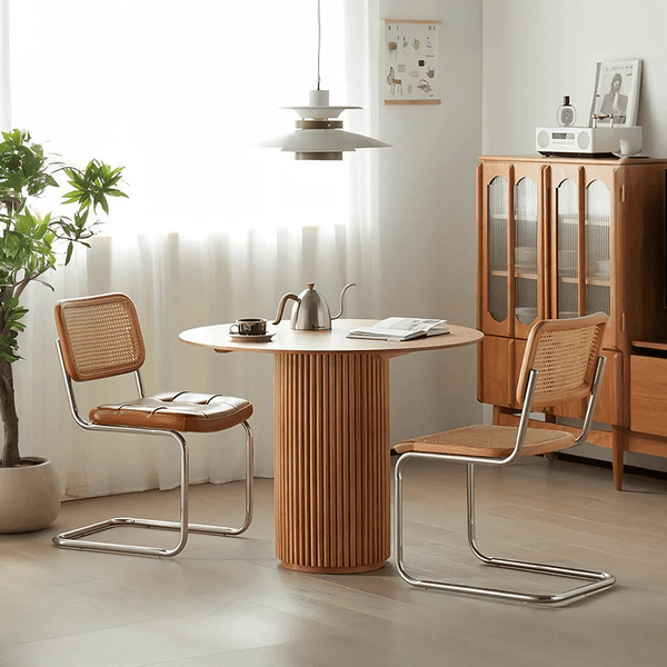 Cane Round Dining Table in Oak Finish – Modern Ash Wood Dining Table for Kitchen, Dining Room & Compact Spaces - Sleek Furniture