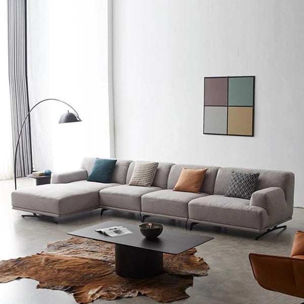 Cannes Four Seater Corner Sofa with Fabric Upholstery & Steel Legs – Modern Light Grey Sectional Sofa for Living Room, Contemporary L-Shape Corner Couch - Sleek Furniture