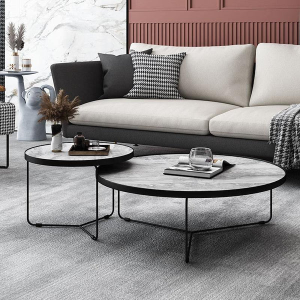 Cara Nesting Coffee Table Set – Modern Sintered Stone Top Coffee Tables with Painted Steel Base, Contemporary Living Room Centre Tables (Grey / Black / White) - Sleek Furniture