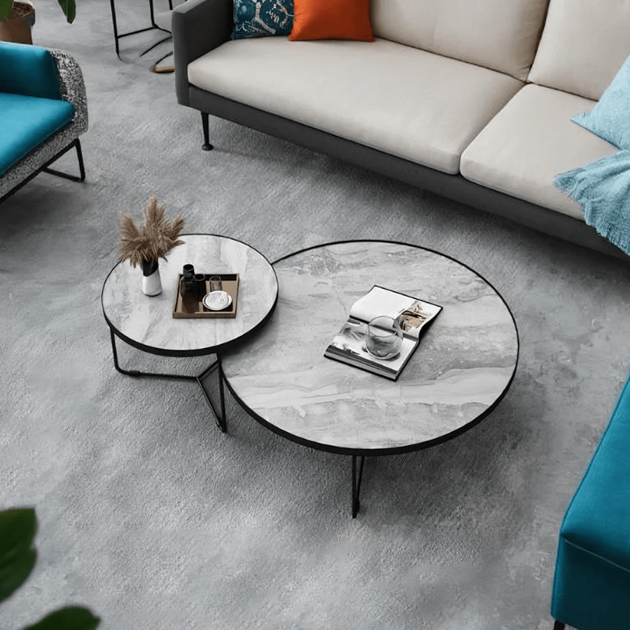 Cara Nesting Coffee Table Set – Modern Sintered Stone Top Coffee Tables with Painted Steel Base, Contemporary Living Room Centre Tables (Grey / Black / White) - Sleek Furniture