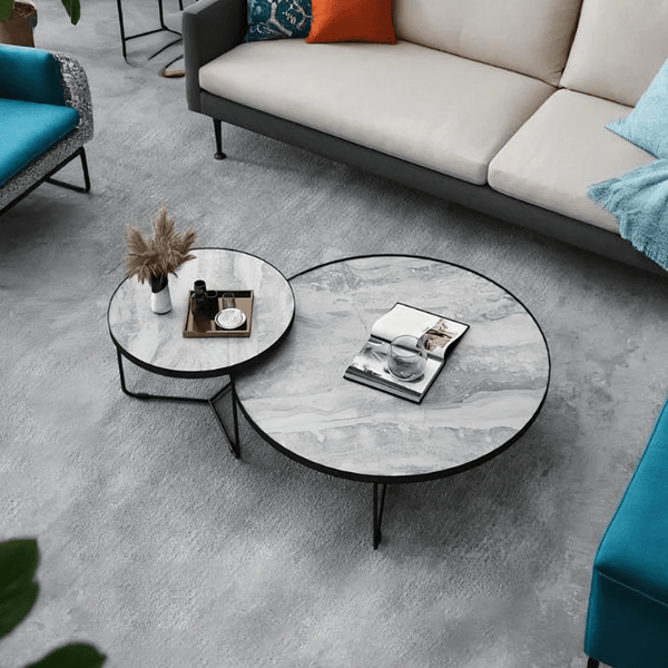 Cara Nesting Coffee Table Set – Modern Sintered Stone Top Coffee Tables with Painted Steel Base, Contemporary Living Room Centre Tables (Grey / Black / White) - Sleek Furniture