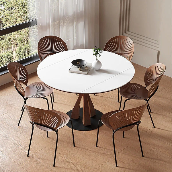 Caruso Round Extending Dining Table White Sintered Stone Top Solid Wood Base 4-6 Seater Modern Space Saving Dining Table - Sleek Furniture
