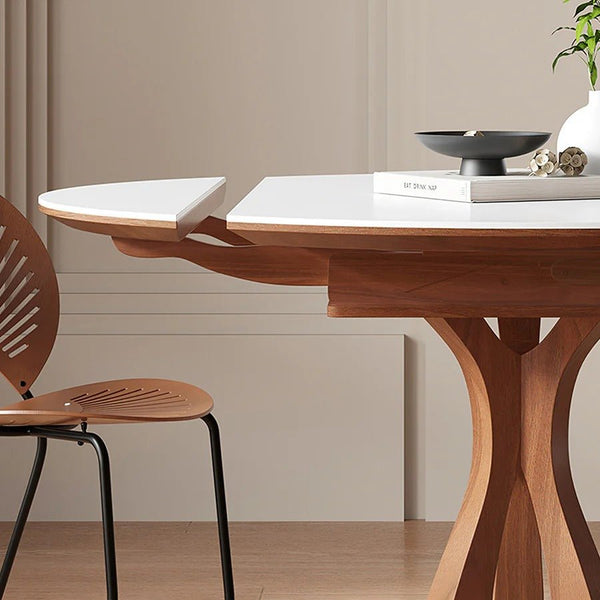 Caruso Round Extending Dining Table White Sintered Stone Top Solid Wood Base 4-6 Seater Modern Space Saving Dining Table - Sleek Furniture