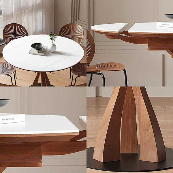 Caruso Round Extending Dining Table White Sintered Stone Top Solid Wood Base 4-6 Seater Modern Space Saving Dining Table - Sleek Furniture