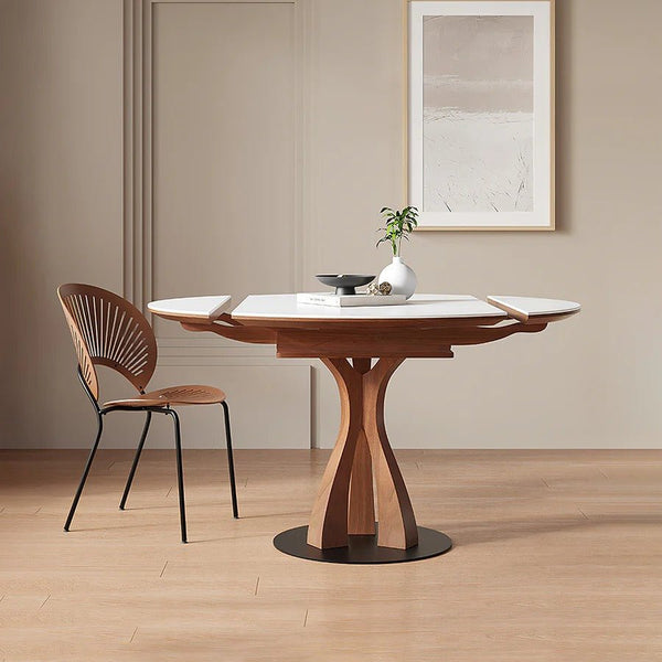 Caruso Round Extending Dining Table White Sintered Stone Top Solid Wood Base 4-6 Seater Modern Space Saving Dining Table - Sleek Furniture