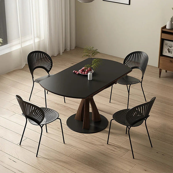 Caruso Round Folding Dining Table, Sintered Stone Top, Solid Wood Frame, Space Saving Foldable Dining Table, Modern Black Finish - Sleek Furniture