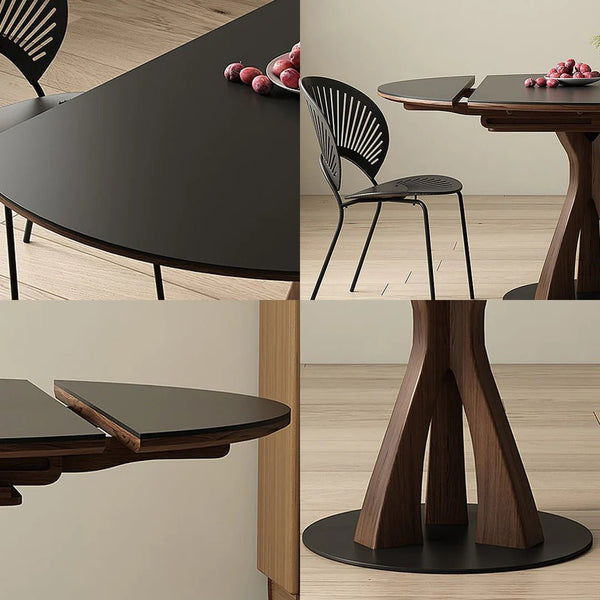 Caruso Round Folding Dining Table, Sintered Stone Top, Solid Wood Frame, Space Saving Foldable Dining Table, Modern Black Finish - Sleek Furniture