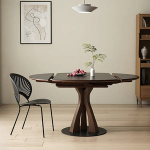 Caruso Round Folding Dining Table, Sintered Stone Top, Solid Wood Frame, Space Saving Foldable Dining Table, Modern Black Finish - Sleek Furniture