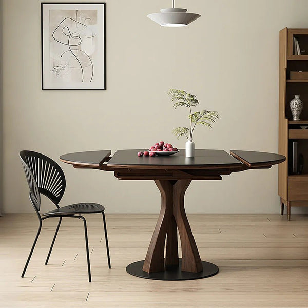 Caruso Round Folding Dining Table, Sintered Stone Top, Solid Wood Frame, Space Saving Foldable Dining Table, Modern Black Finish - Sleek Furniture