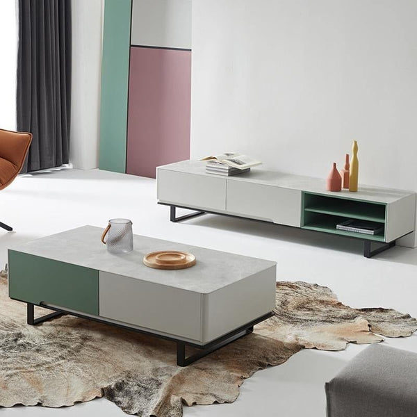 CASA Extendable TV Stand, White & Green Modern Media Unit with Storage, MDF & Metal Frame Entertainment Cabinet for Living Room - Sleek Furniture