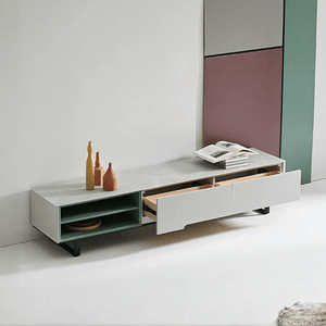 CASA Extendable TV Stand, White & Green Modern Media Unit with Storage, MDF & Metal Frame Entertainment Cabinet for Living Room - Sleek Furniture