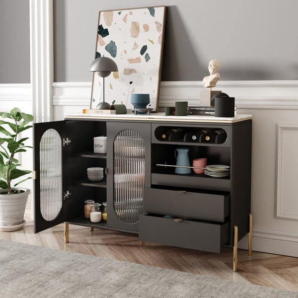 CASA Modern Black Sideboard Cabinet with Glass Doors & Metal Frame Storage Unit for Living Room, Dining Room & Hallway - Sleek Furniture