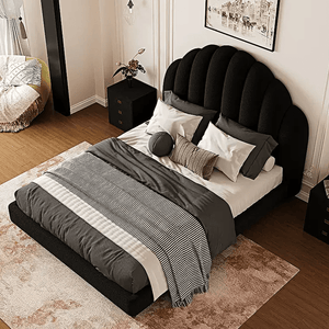 Cassian Flannelette Upholstered Small Double & King Size Bed Frame with Modern Headboard, Black - Sleek Furniture