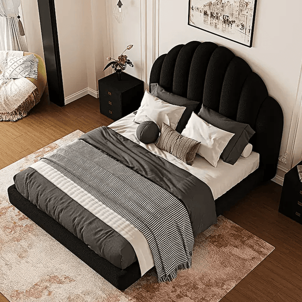 Cassian Flannelette Upholstered Small Double & King Size Bed Frame with Modern Headboard, Black - Sleek Furniture