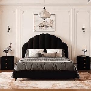 Cassian Flannelette Upholstered Small Double & King Size Bed Frame with Modern Headboard, Black - Sleek Furniture