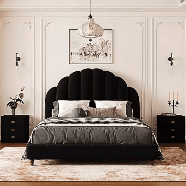 Cassian Flannelette Upholstered Small Double & King Size Bed Frame with Modern Headboard, Black - Sleek Furniture