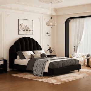 Cassian Flannelette Upholstered Small Double & King Size Bed Frame with Modern Headboard, Black - Sleek Furniture