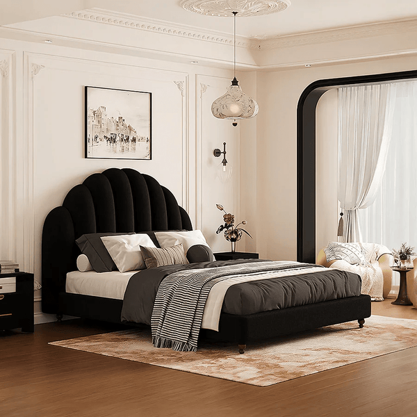 Cassian Flannelette Upholstered Small Double & King Size Bed Frame with Modern Headboard, Black - Sleek Furniture