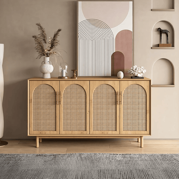 Celeste Rattan Sideboard Cabinet – Pine Wood Storage Unit with Natural Woven Doors, Modern Contemporary Living Room & Dining Room Sideboard - Sleek Furniture