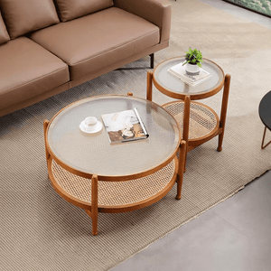 Cement Effect Coffee Table Set with Oak Finish, Solid Wood & Rattan Nesting Tables, Modern Living Room Side Table Set - Sleek Furniture