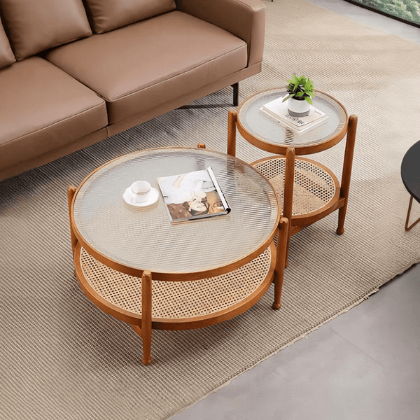 Cement Effect Coffee Table Set with Oak Finish, Solid Wood & Rattan Nesting Tables, Modern Living Room Side Table Set - Sleek Furniture