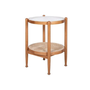 Cement Effect Coffee Table Set with Oak Finish, Solid Wood & Rattan Nesting Tables, Modern Living Room Side Table Set - Sleek Furniture