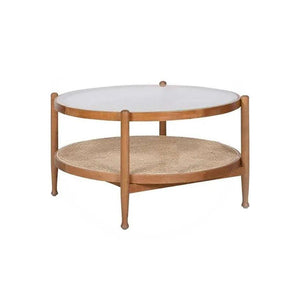 Cement Effect Coffee Table Set with Oak Finish, Solid Wood & Rattan Nesting Tables, Modern Living Room Side Table Set - Sleek Furniture