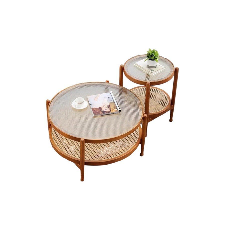 Cement Effect Coffee Table Set with Oak Finish, Solid Wood & Rattan Nesting Tables, Modern Living Room Side Table Set - Sleek Furniture